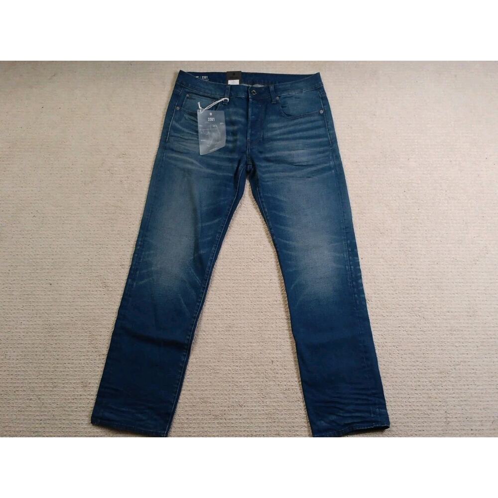 NWT G Star Raw 3301 Straight Stretch Denim Jeans Mens W33 x 30L Whiskered